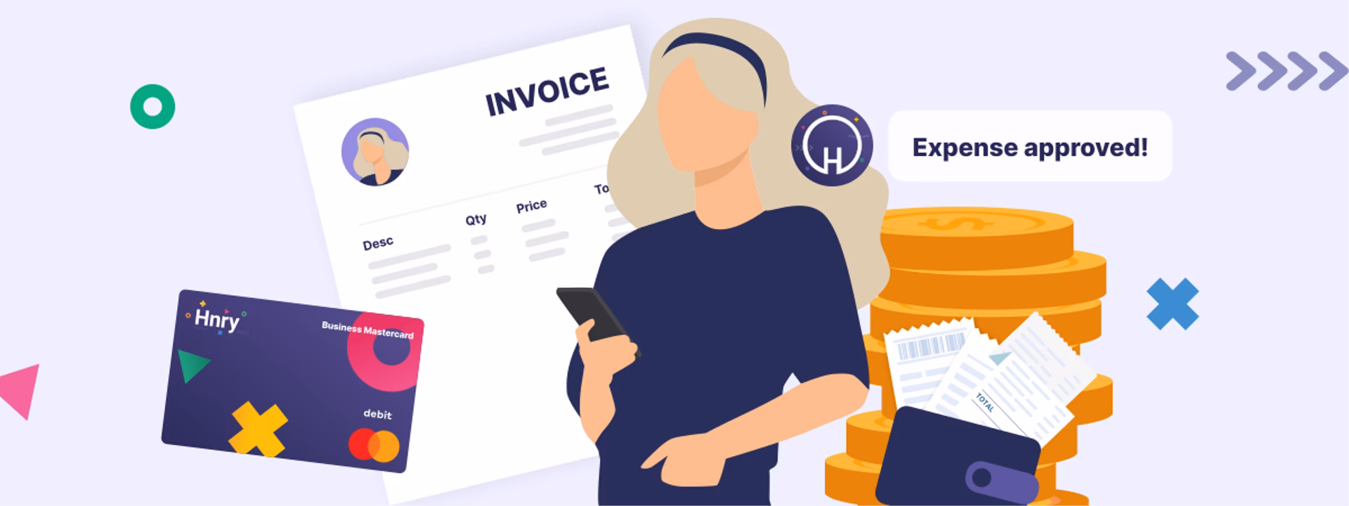 A sole trader using the Hnry app, with an invoice, the Hnry Business Mastercard, and coins