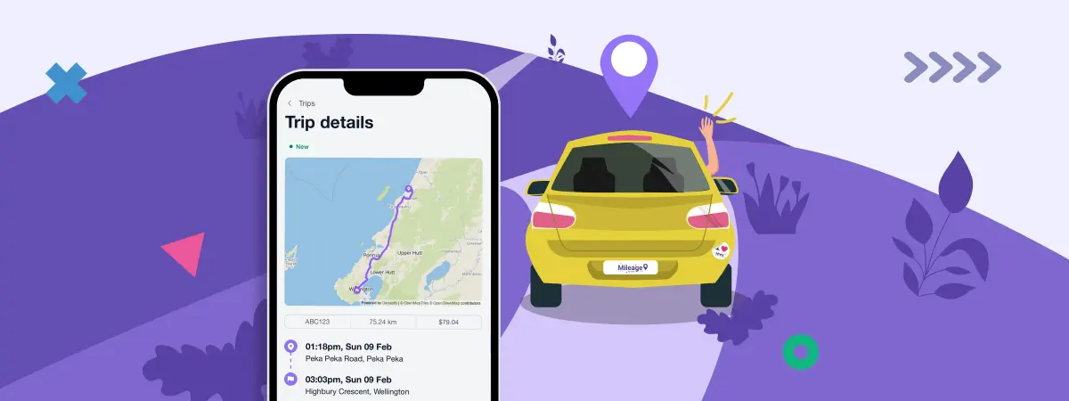 A Mileage by Hnry trip on a phone next to a car on the road