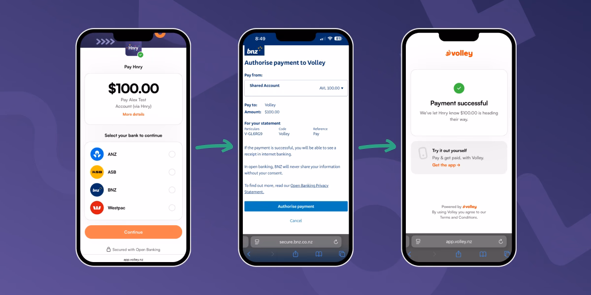 Scan to Pay client flow - Select bank, authorise payment, payment successful