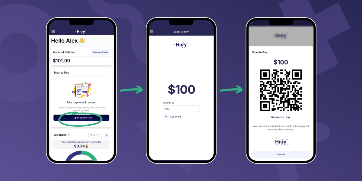 Scan to Pay user flow - Dashboard, enter amount, display QR code